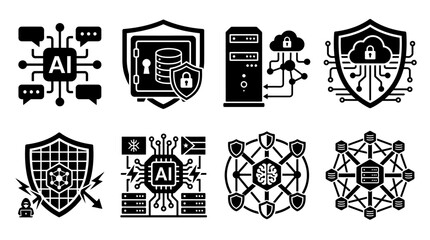 Obraz premium AI Cybersecurity Icons: Data Protection, Network Security, Cloud