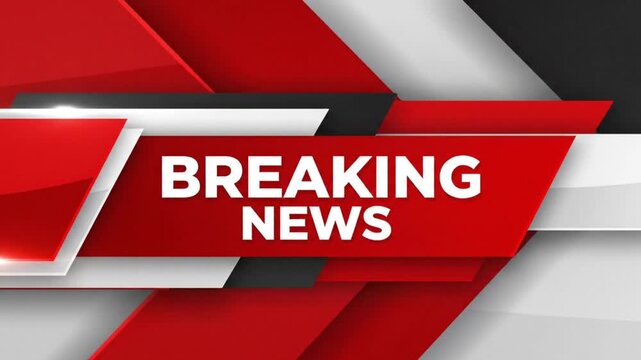 A modern &ldquo;Breaking News&rdquo; motion graphics template featuring bold red and white angular shapes with a clean, high-contrast broadcast design.