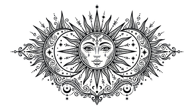 Mystical sun and dual crescent moon symmetrical art design.