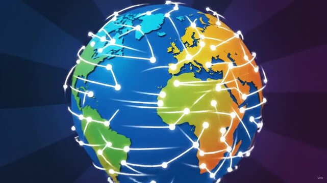 A stylized 3D animated digital globe rotates against a dark blue gradient background, connected with glowing network lines and nodes across continents.
