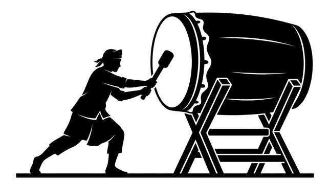 Silhouette of man playing traditional Islamic bedug drum.