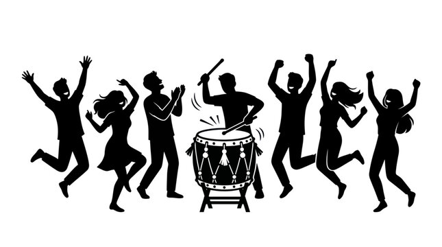Silhouette of people celebrating with traditional percussion instrument.