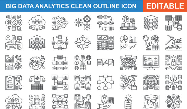 Big data analytics clean outline icon set