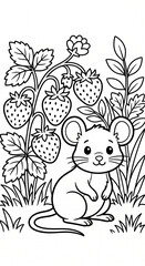 Fototapeta premium Mouse coloring page beneath strawberry plants with ripe berries and garden flowers, a detailed mouse and strawberry garden scene in black and white line art