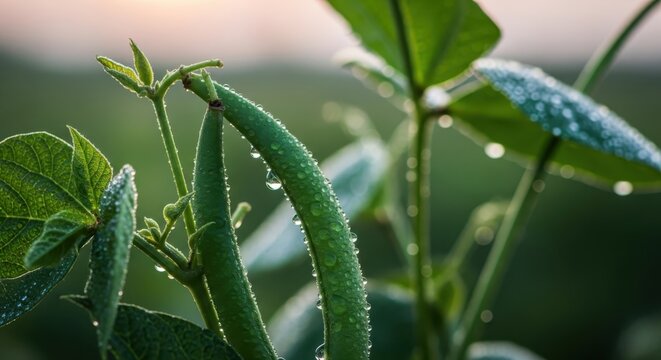 Dew-kissed fresh green beans on a plant stalk with leaves in soft morning light, highlighting natural freshness and growth.