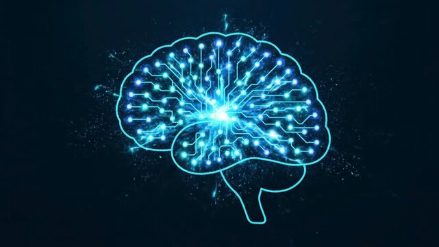 Digital Artificial Intelligence Conceptual Brain Network with Glowing Circuitry Nodes on Dark Background