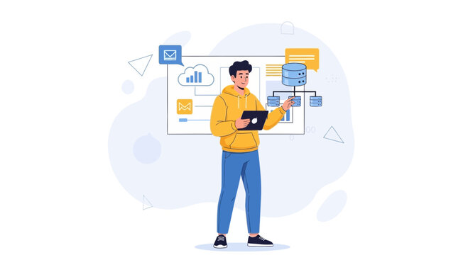Man Analyzing Cloud Data and Network System with Tablet, Technology and Analytics Concept