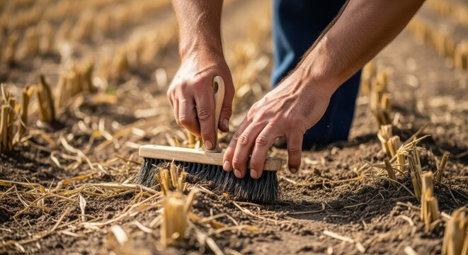 Farmer's hands meticulously brushing dry soil and crop stubble with a brush in a field.