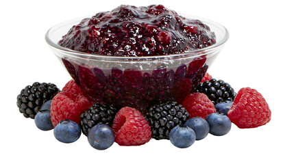 Glass bowl filled with dark berry jam surrounded by fresh raspberries blueberries, and blackberries © Elena