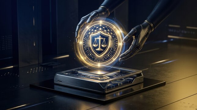 Robotic hands hold a glowing certification badge symbolizing ethics in artificial intelligence governance in a digital workspace