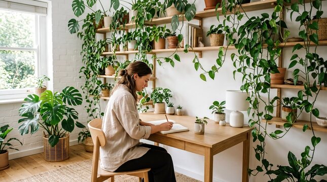 indoor plant arrangement, a serene scandinavian workspace adorned with lush monstera and pothos plants