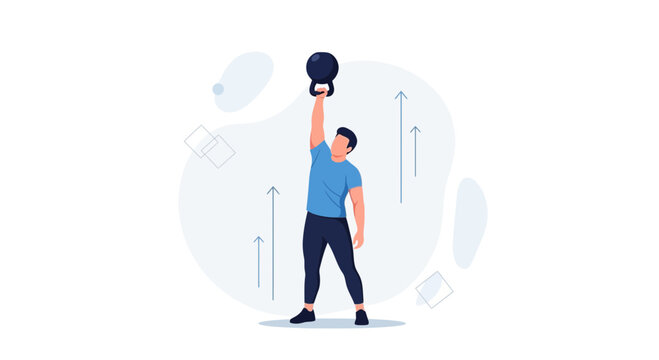 Man performing kettlebell swing, vector illustration symbolizing fitness, strength, and progress