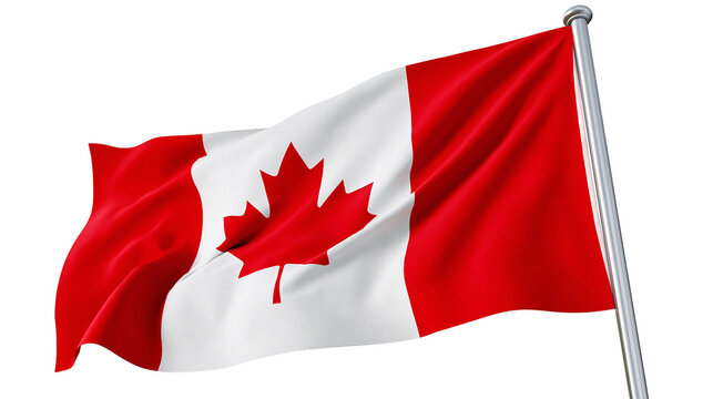 Canadian flag waving on flagpole, red and white maple leaf symbol
