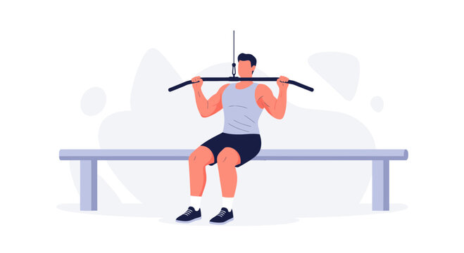 Man Performing Lat Pulldown Exercise on Gym Machine, Flat Design Vector Illustration