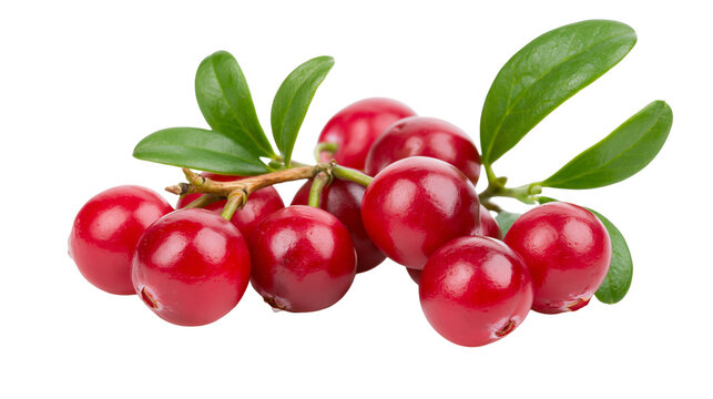 Fresh red cranberries on branch with green leaves