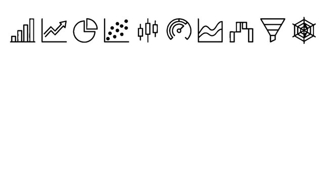 Set of minimalist business data visualization icons including bar charts pie graphs and financial analytics symbols.