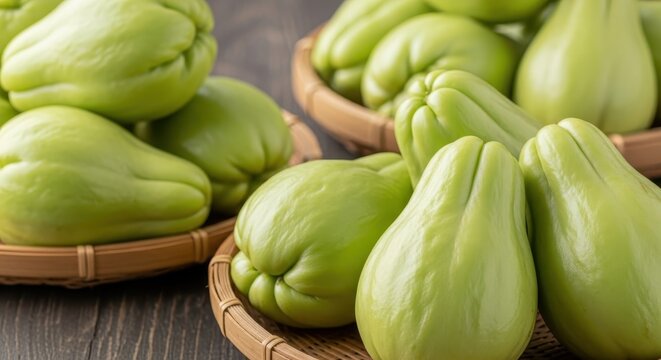 Fresh Green Chayote Fruits Arranged in Wicker Baskets on a Dark Wooden Surface