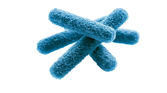 Blue rod-shaped bacteria cluster, microscopic view