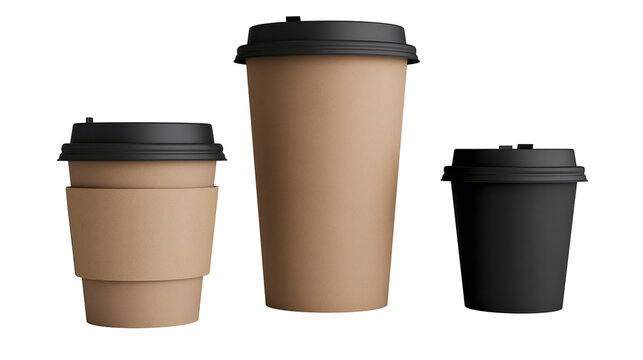 Three disposable coffee cups with black lids, two brown and one black