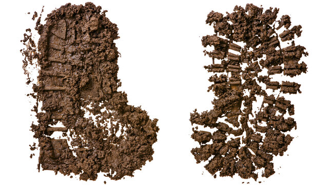 Muddy boot print impression with textured soil clumps