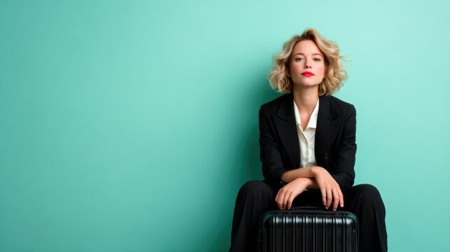 A fashionable woman sitting on her suitcase against a mint green backdrop embodies travel and style, making it a perfect image for lifestyle, travel, or fashion marketing.