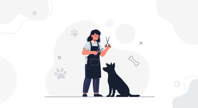 Pet Groomer with Scissors and Dog Illustration - Modern Flat Design