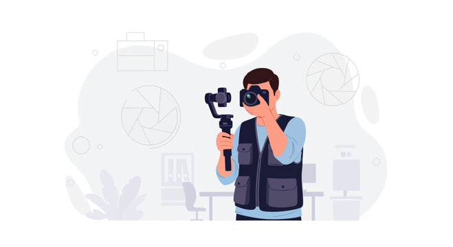 Photographer holding camera and gimbal stabilizer in modern office setting, vector illustration
