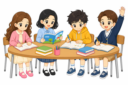 Cute Cartoon Elementary School Children Studying Together at Round Table in Classroom Learning Activity Vector Illustration