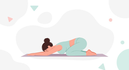 Fototapeta premium Woman Doing Child's Pose Yoga on Mat, Minimalist Flat Illustration with Soft Shapes and Pastel Colors