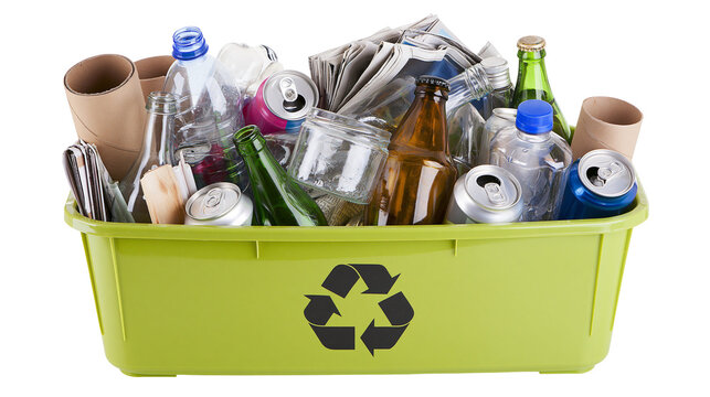 Recycling bin filled with assorted glass bottles plastic bottles aluminum cans, and paper