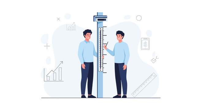 Two men measuring height with stadiometer and ruler, growth, progress, measurement, business concept illustration, vector art