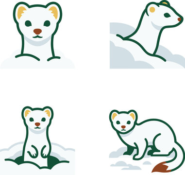 Set Of Minimalist Pixel Art White Ermines In Snowy Landscape Isolated On White Background