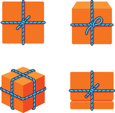 Pixel Art Orange Gift Boxes Tied With Blue Strings In Various Perspectives On A White Background
