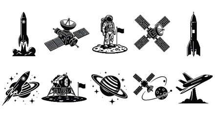 Set of space exploration icons featuring rockets astronauts satellites and planetary elements for science and adventure themes vector. © Shamim