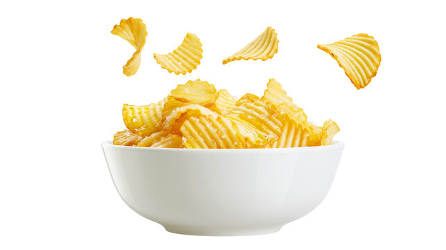 Ruffled potato chips in white bowl with flying chips