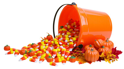 Orange Halloween bucket spilling candy corn and pumpkins © Patricia