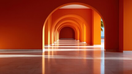 Fototapeta premium A captivating view of a bright orange arched hallway bathed in sunlight creates an inviting atmosphere, blending architectural beauty with a sense of warmth and openness.