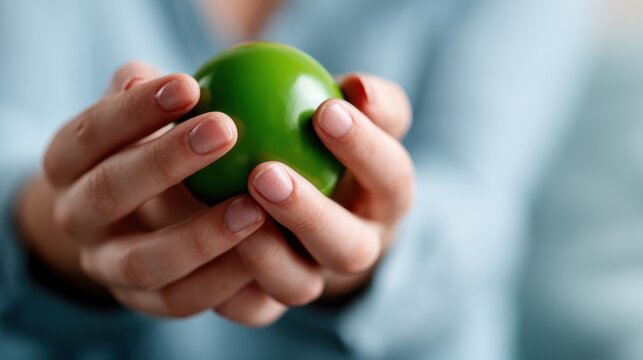 A close-up image showcasing a person's hands holding a vibrant green apple, symbolizing freshness and healthfulness in a calm setting, evoking feelings of comfort and nourishment.