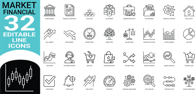 Set of thirty two black line representing market and financial concepts including bank buildings gold bars stock charts money trees and business strategy symbols on a white background
