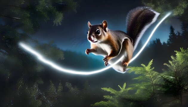 Photorealistic night shot of flying squirrel gliding between trees, long exposure light trail with forest, representing nature therapy, environmental wellness, and natural mindfulness