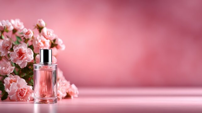 This enchanting image features a delicate perfume bottle set beside a bouquet of fresh pink flowers, conveying elegance and beauty, perfect for fragrance promotion and advertising.