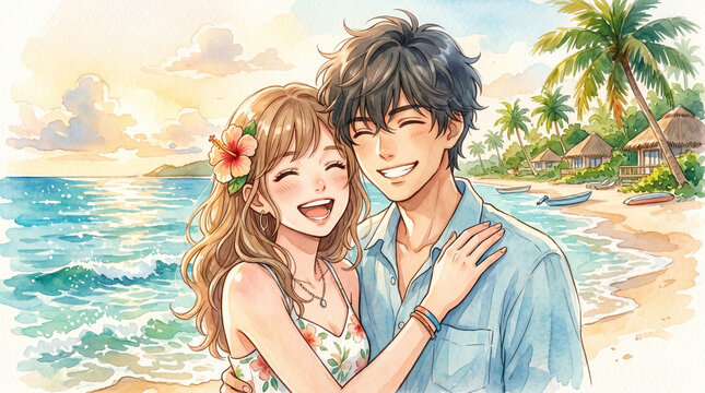 青い海とヤシの木を背景に寄り添う男女を描いた夏のイラストです。
笑顔あふれる表情が旅行やバカンスの楽しい時間を表現しています。