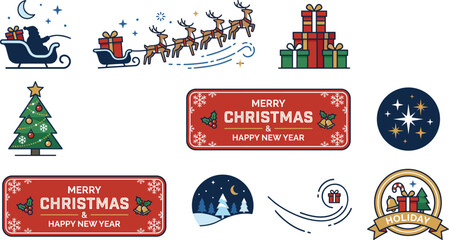 Christmas and New Year icons with Santa sleigh reindeer gift tree and festive banners for holiday celebration © Mdjillur