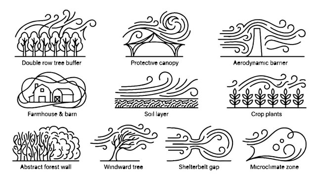 Set of agricultural windbreak and shelterbelt line icons for farm protection and soil conservation.