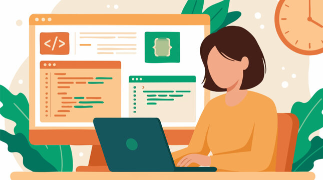 Female programmer working on laptop, web development and coding illustration