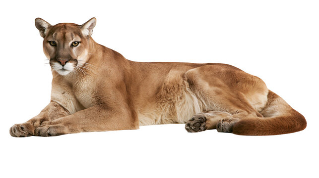 Cougar lying down full body facing left, alert expression