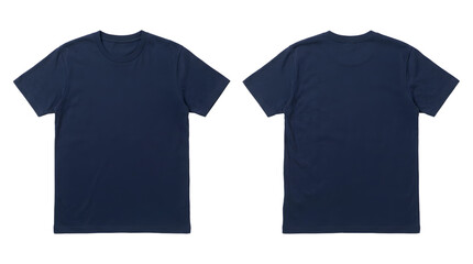 Front and back view of a plain dark navy blue cotton t-shirt with clothing