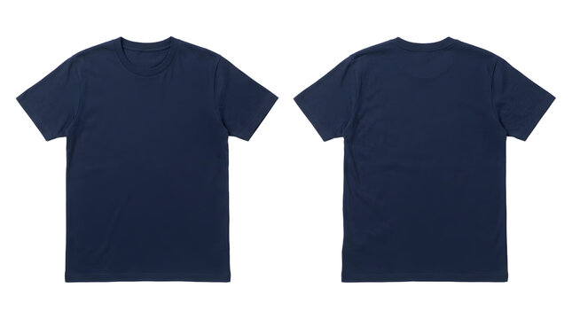 Front and back view of a plain dark navy blue cotton t-shirt with clothing
