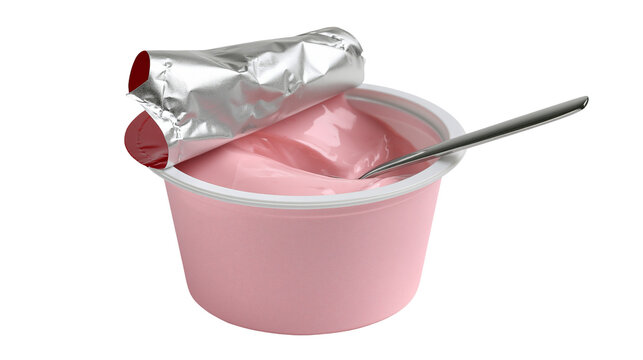 Pink yogurt cup with opened foil lid and spoon