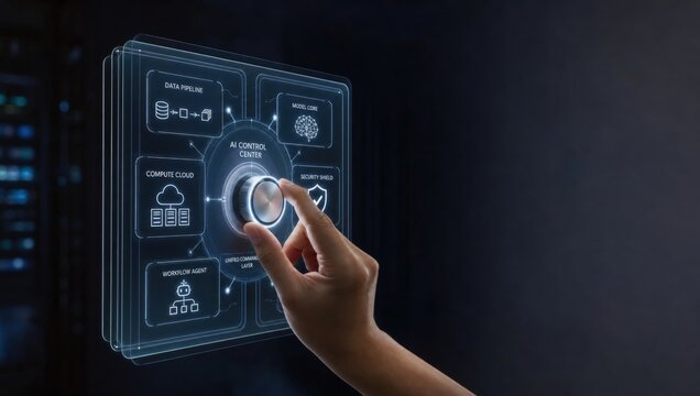 Full-Stack AI Control - Hand adjusts a central AI control dial connecting data, model, compute, security, workflow, and governance in a clean, minimal interface.